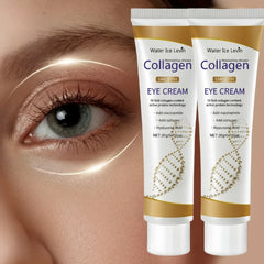 Two tubes of Water Ice Levin Collagen Eye Cream next to a close-up of an eye.