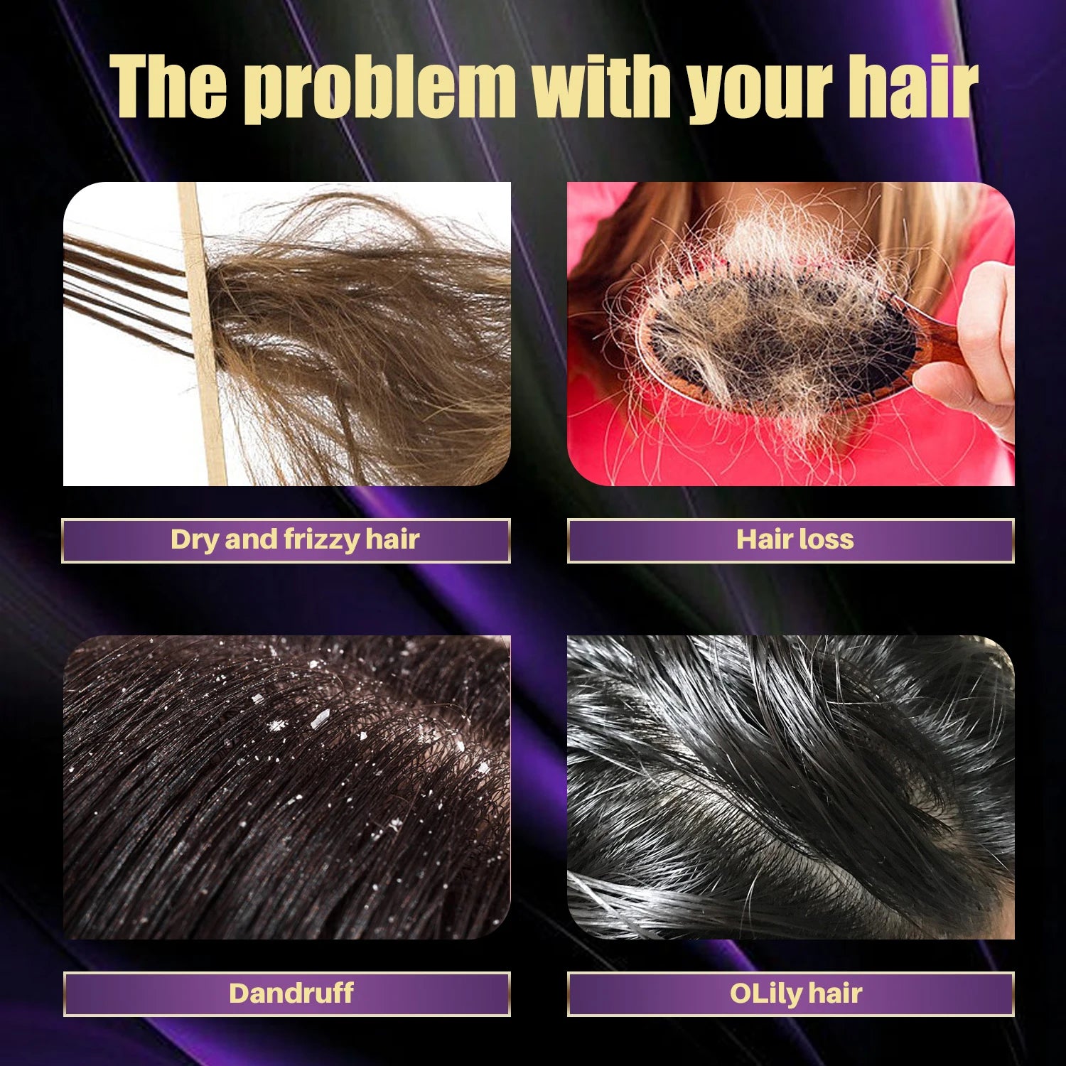 Four images showing hair issues with text labels on a purple background