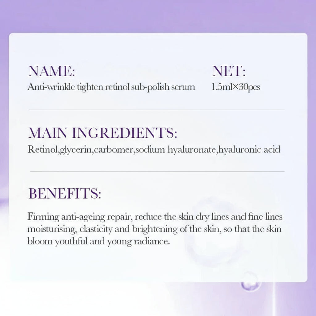 Product label for Anti-wrinkle tighten retinol sub-polish serum with ingredients and benefits on a purple background.