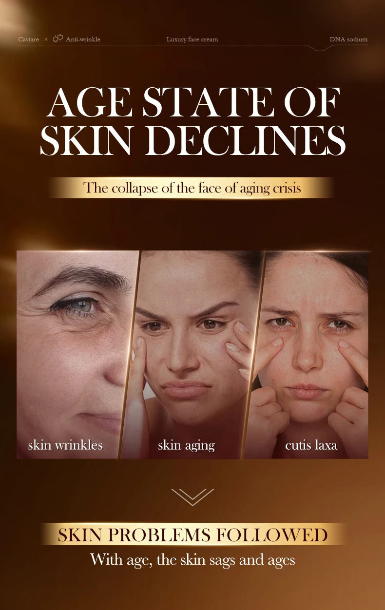 Advertisement showing signs of aging on a woman's face with text about skin decline.