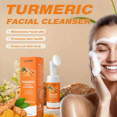 Turmeric facial cleanser with packaging and a woman using it on her face.