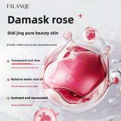 Falanqe Damask Rose skincare product with pink liquid and text on a white background