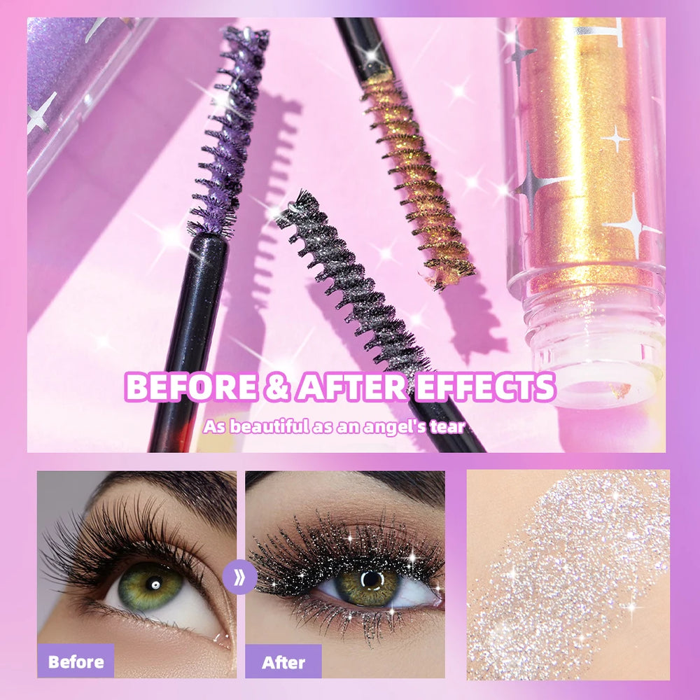 Mascara with before and after effects on a pink background