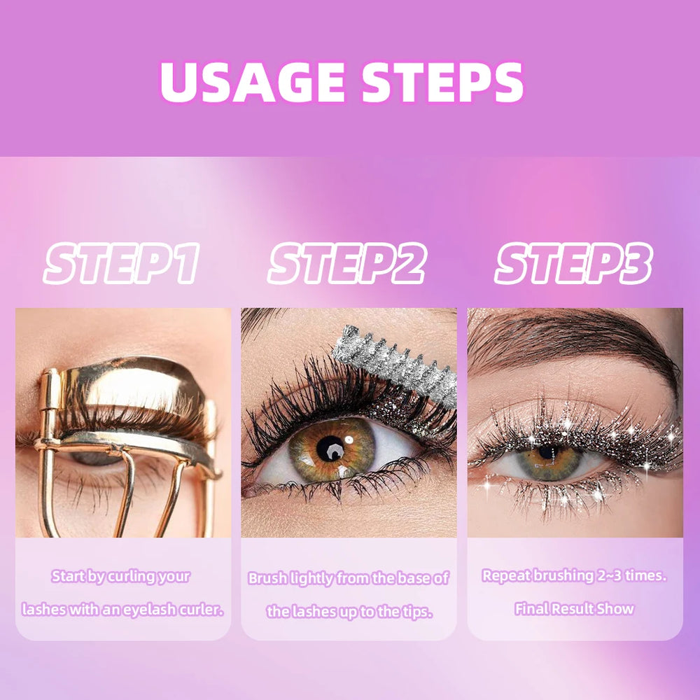 Step-by-step guide on using false eyelashes with text instructions on a pink background.