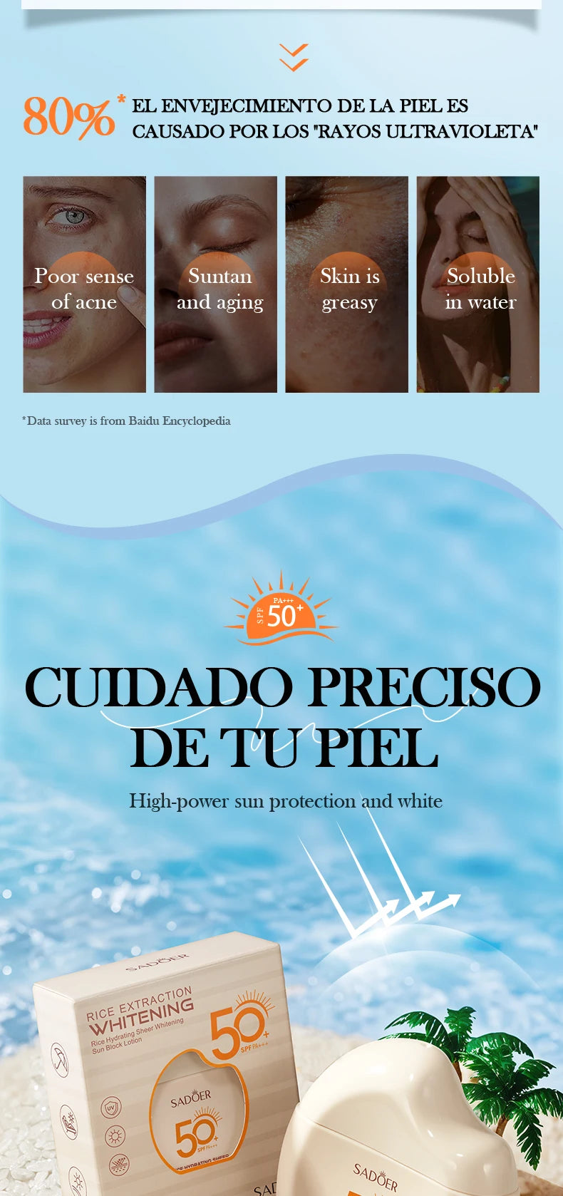 Advertisement for skin care products with text about UV rays and skin conditions.