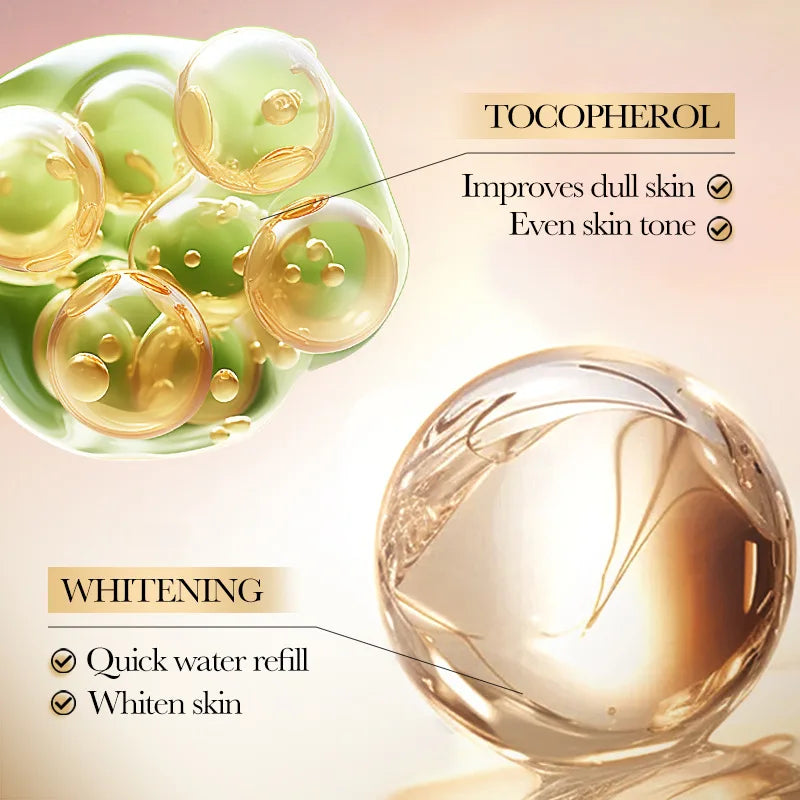 Cosmetic serum droplets with tocopherol and whitening benefits on a light background