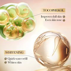 Cosmetic serum droplets with tocopherol and whitening benefits on a light background