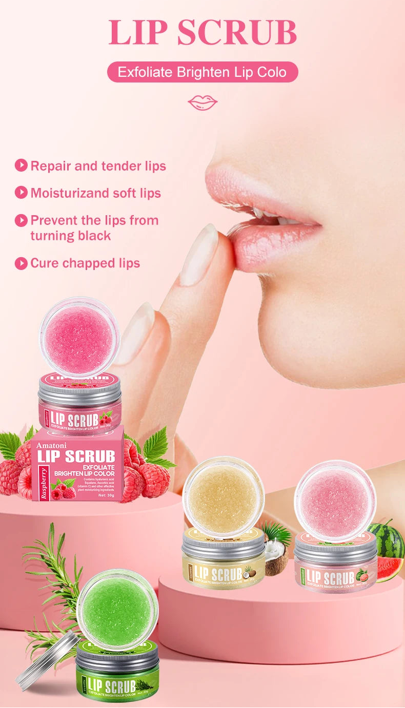 Lip scrub product with a pink background and text highlighting its benefits.
