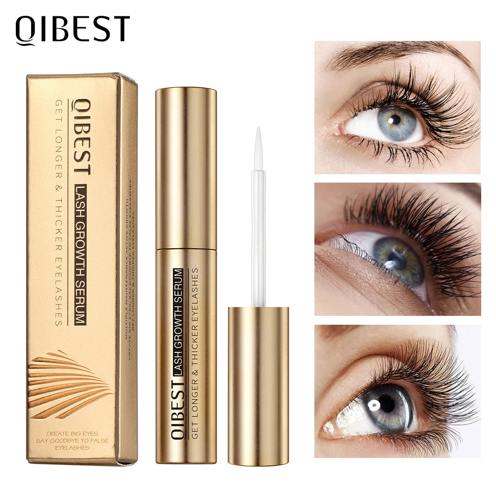 QIBEST lash growth serum packaging with close-up images of eyes with longer lashes.