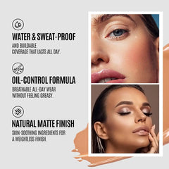 Product advertisement for makeup with text on water & sweat-proof, oil-control formula, and natural matte finish.