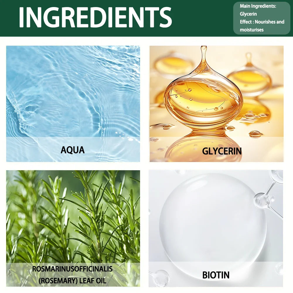 Ingredients list with images and labels for Aqua, Glycerin, Rosmarinusofficinalis (Rosemary) Leaf Oil, and Biotin.