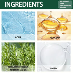 Ingredients list with images and labels for Aqua, Glycerin, Rosmarinusofficinalis (Rosemary) Leaf Oil, and Biotin.