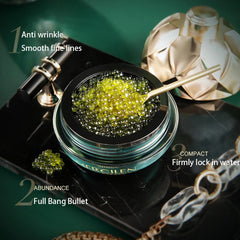 Cosmetic product with green gel and gold spoon on a dark surface, featuring text about product benefits.
