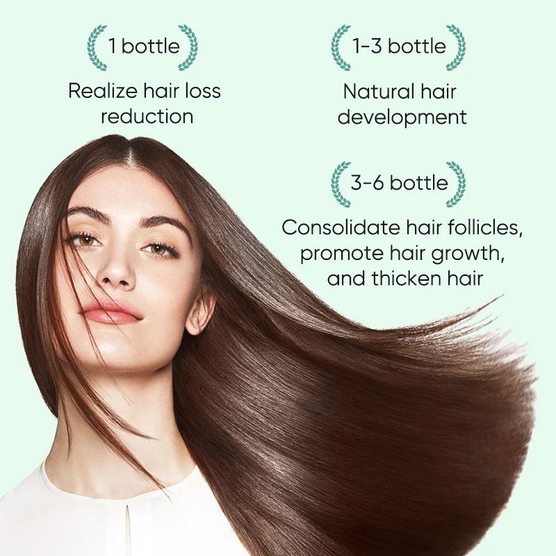 Woman with long, flowing hair against a light green background with text about hair care product benefits.