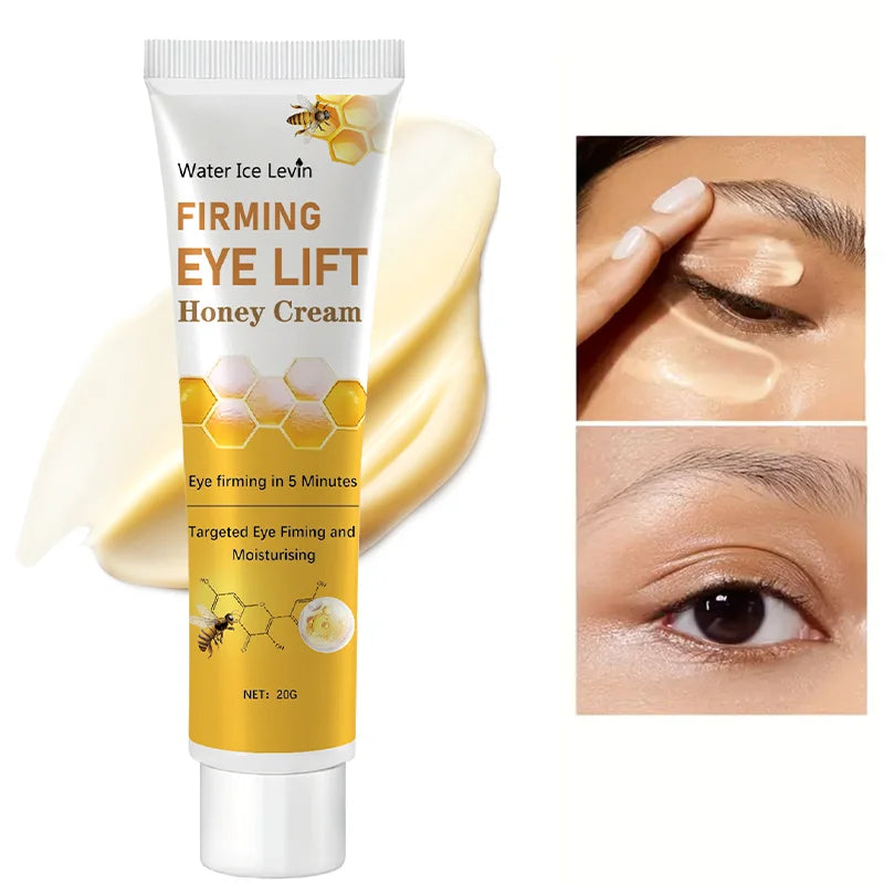 Firming eye lift honey cream tube with application on skin