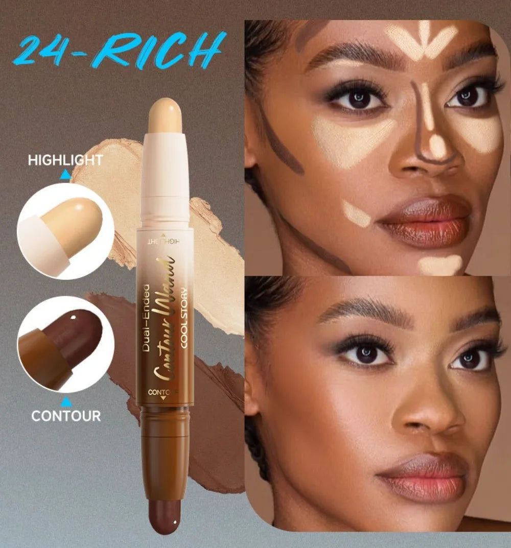 Makeup stick with '24-RICH' text, highlighting and contouring application on a model's face.