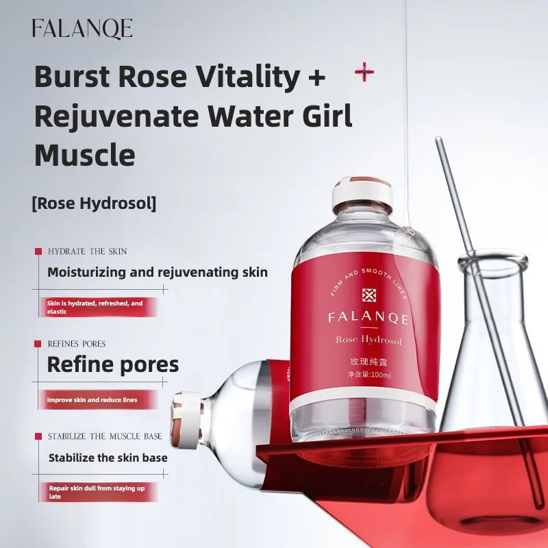 Falanqe rose hydrosol bottle with product benefits on a white background