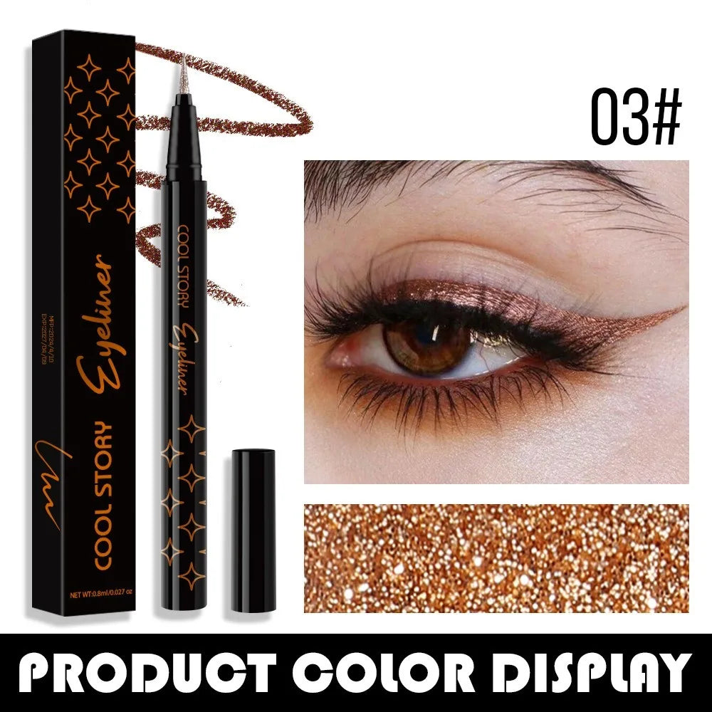 Eyeliner pen with packaging and eye application, showing color display.