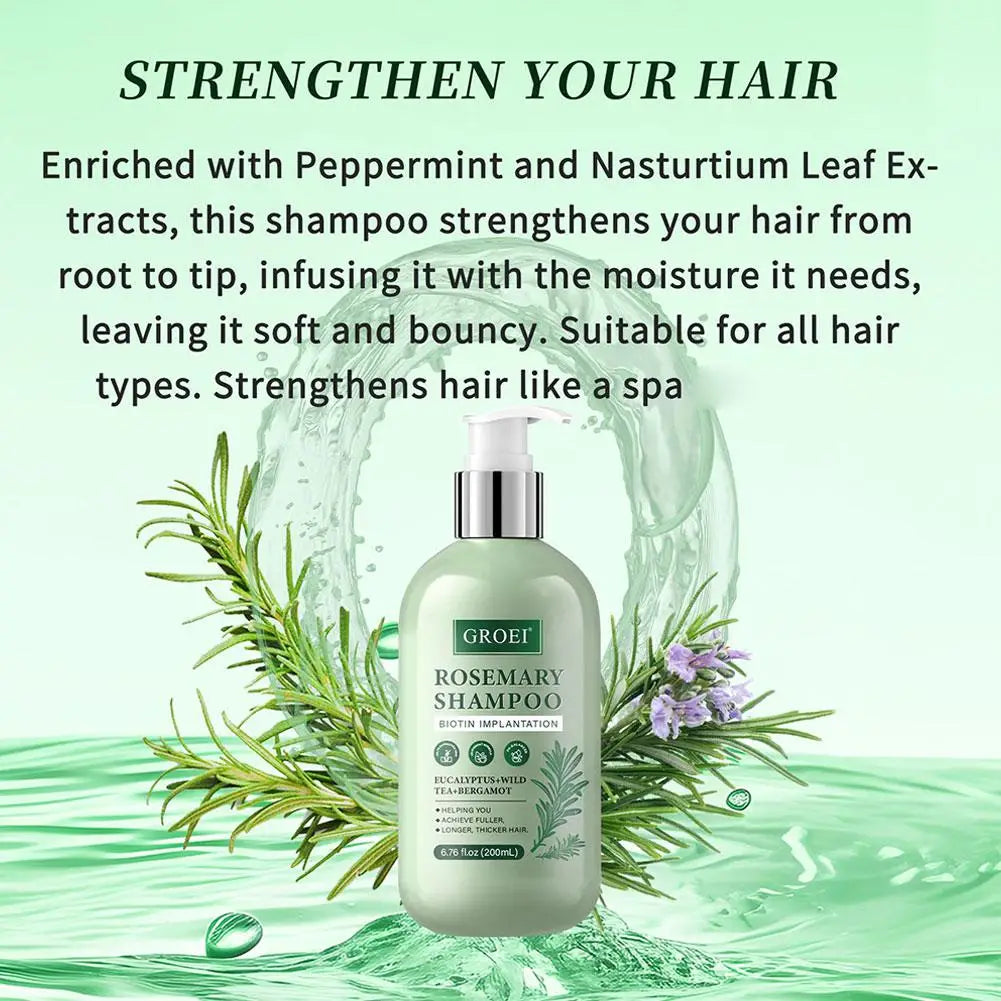 Groet Rosemary Shampoo bottle with peppermint and nasturtium leaves on a green background