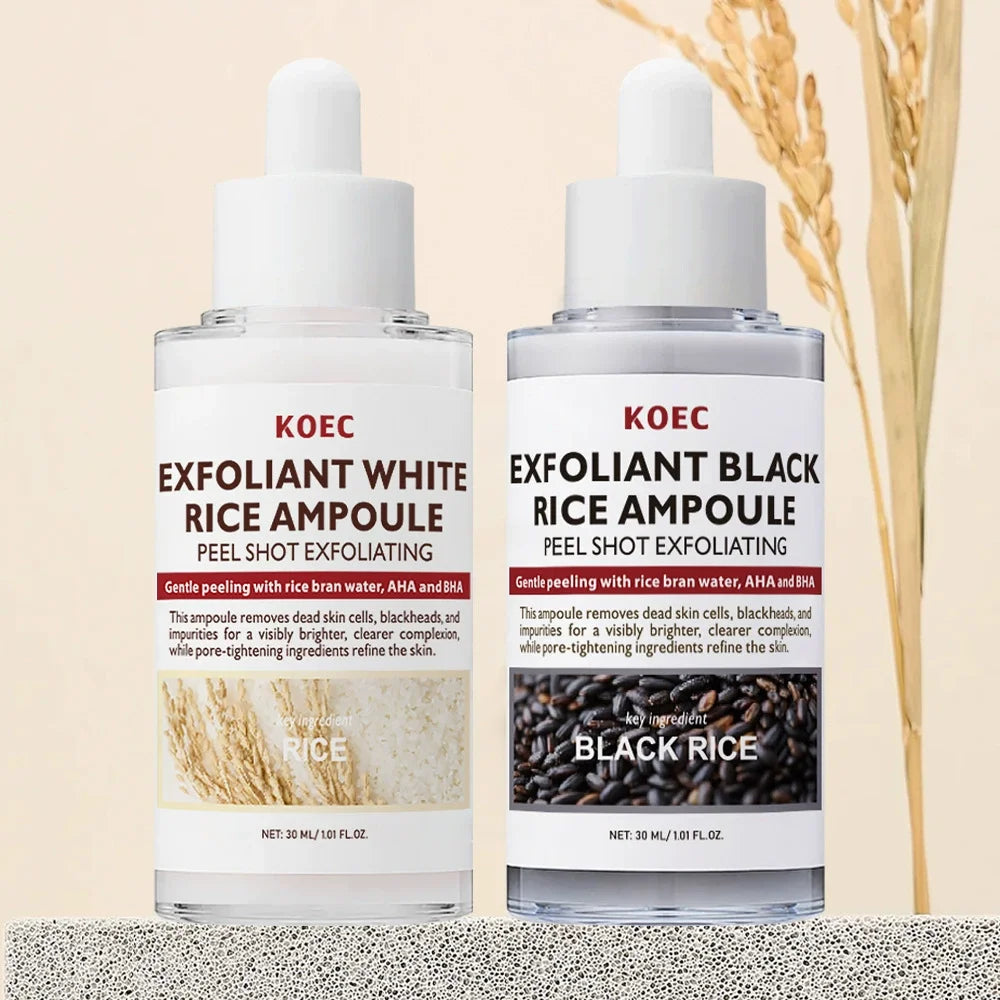 Two KOEC rice ampoules, one white rice and one black rice, on a neutral background.