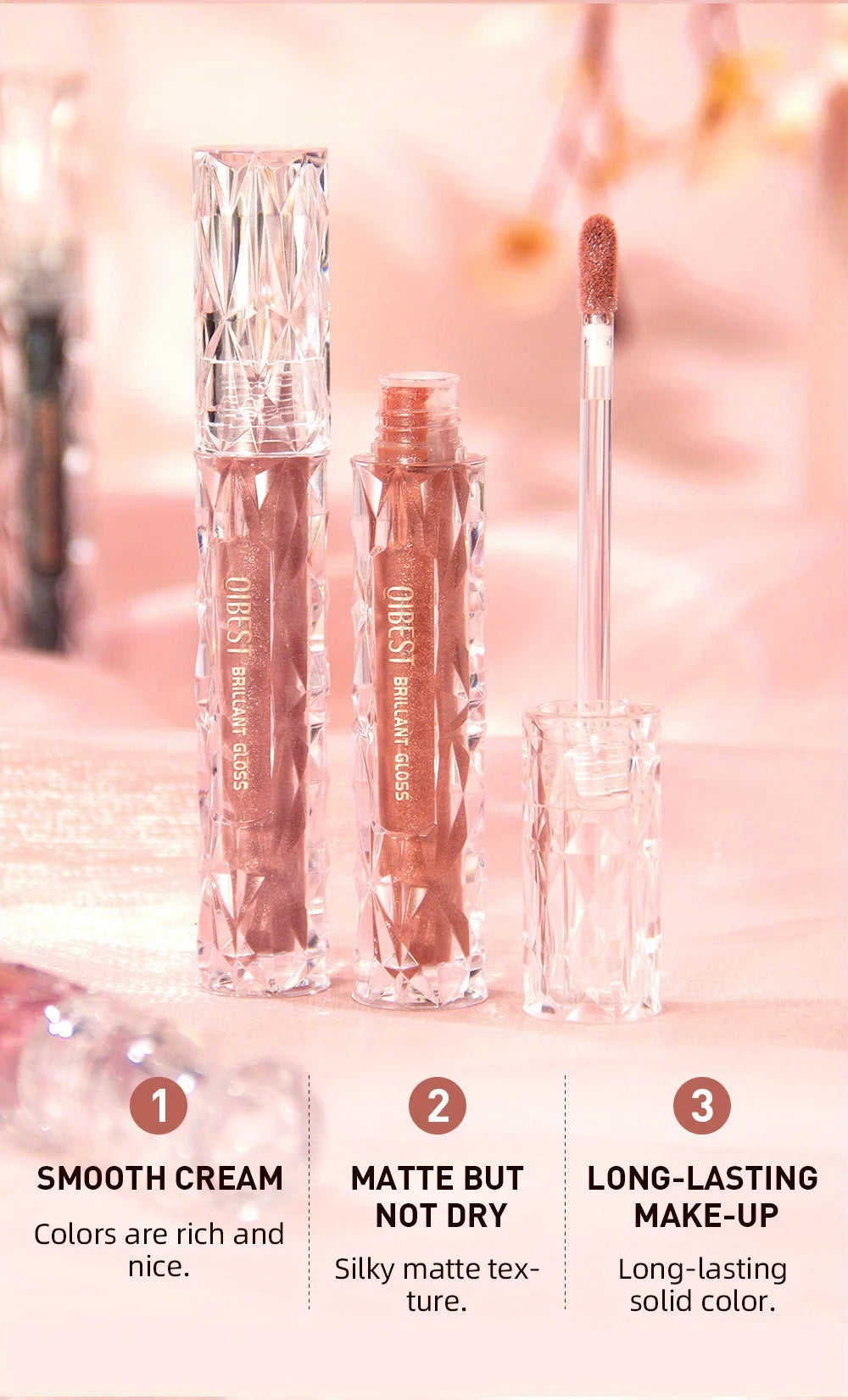 Lip gloss products with features highlighted on a pink background