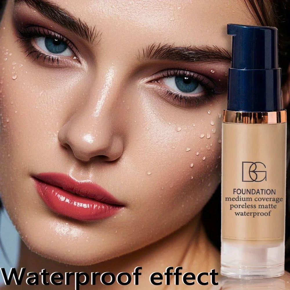 Foundation bottle with a close-up of a woman's face highlighting waterproof effect.