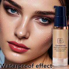 Foundation bottle with a close-up of a woman's face highlighting waterproof effect.
