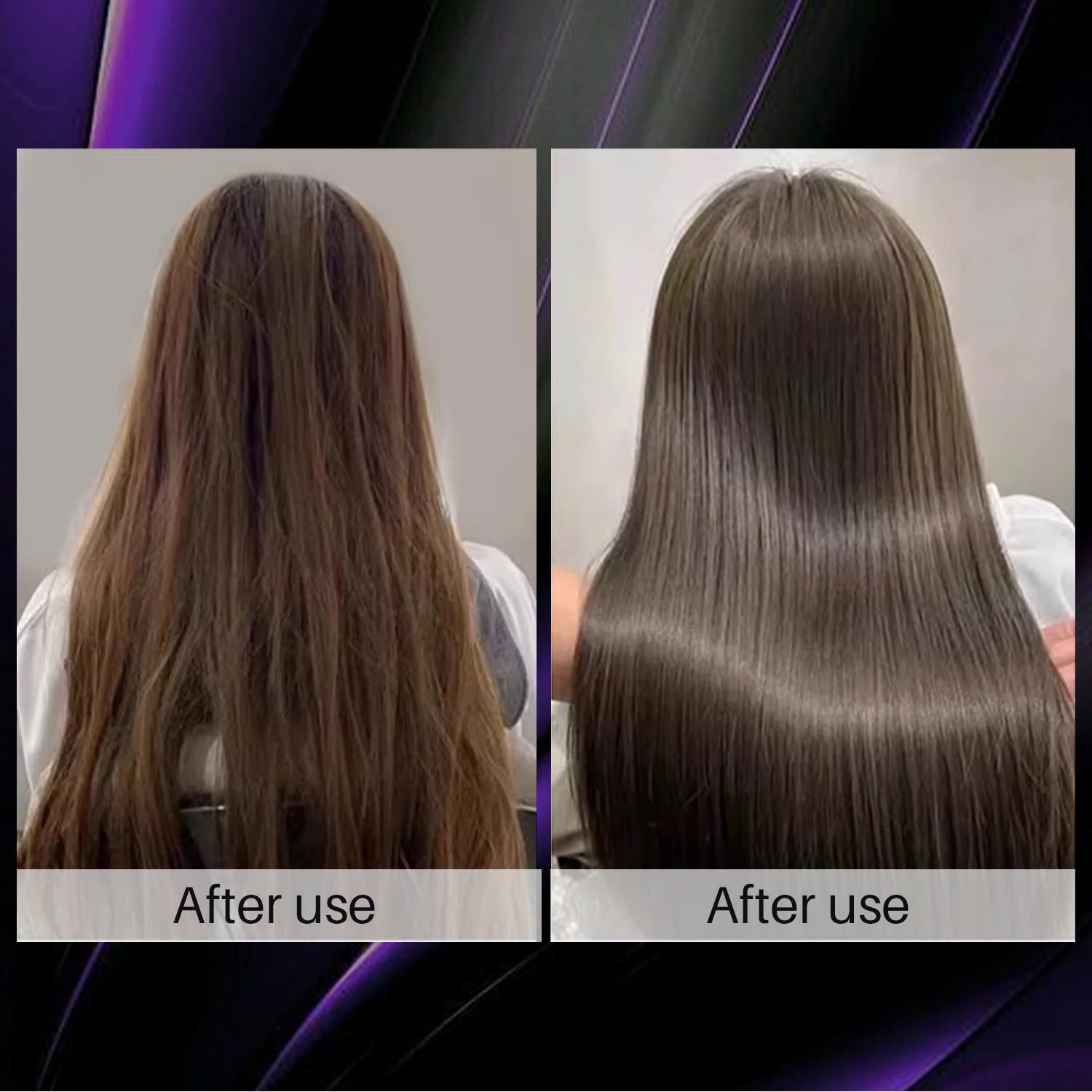Before and after comparison of hair treatment showing straightened hair.