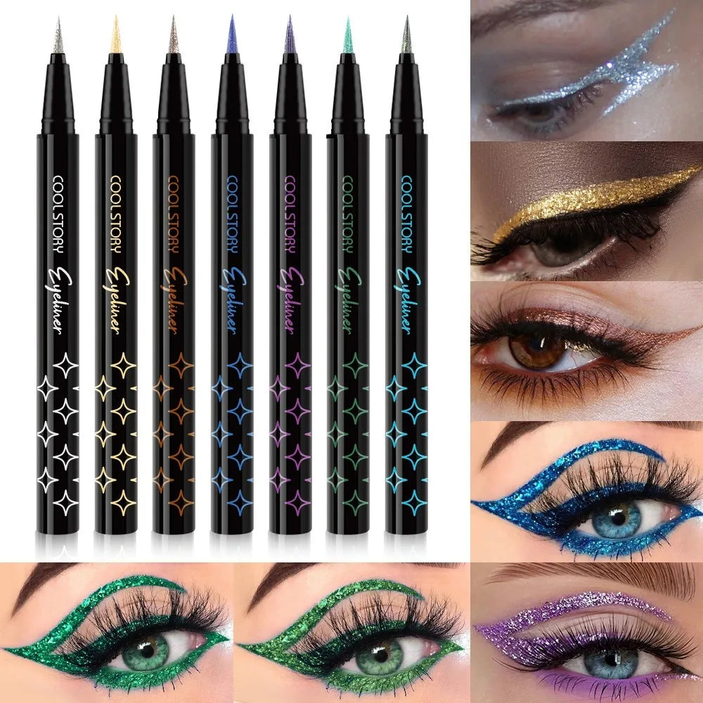 Set of Coolstorm eyeliner pens with examples of eye makeup application.