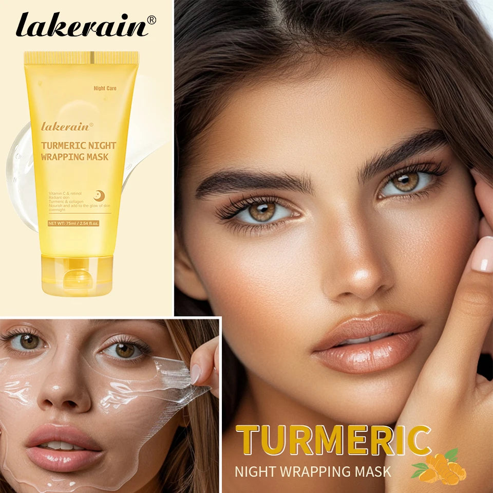 Lakerain Turmeric Night Wrapping Mask with a woman applying it and close-up of the mask.