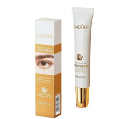Eye cream product with packaging and application instructions on a beige background