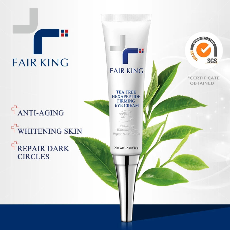 FAIR KING eye cream with tea leaves on a white background