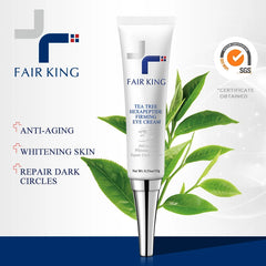FAIR KING eye cream with tea leaves on a white background