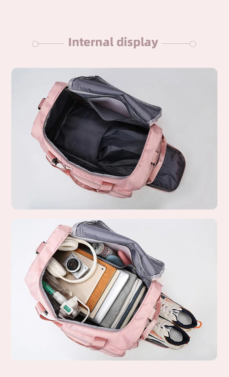 Pink backpack with interior organization and items displayed on a light gray background
