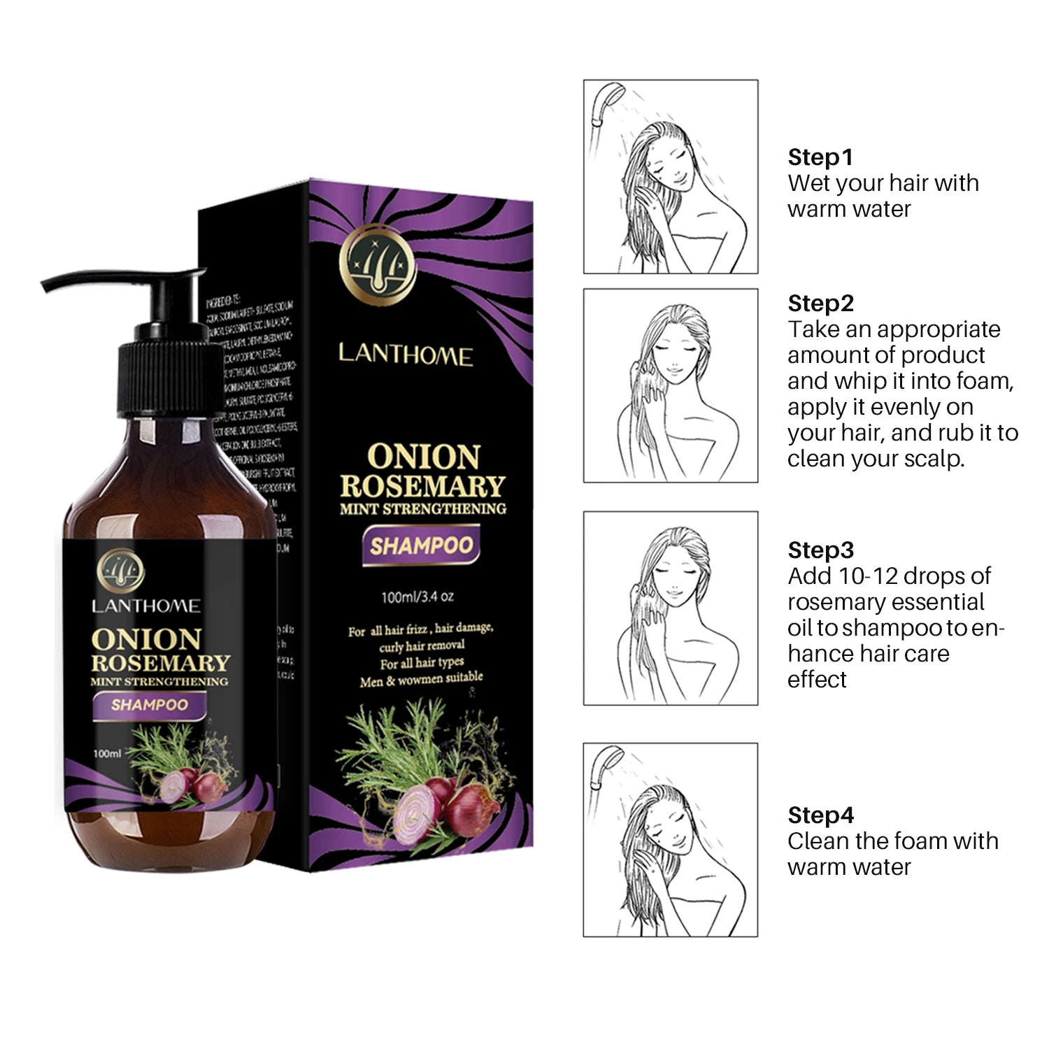 Lanthome Onion Rosemary Mint Strengthening Shampoo with packaging and usage instructions.