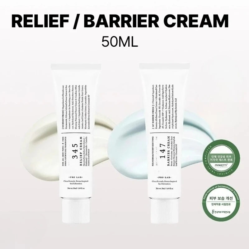 Two bottles of relief barrier cream with labels and green circular logos on a light gray background.