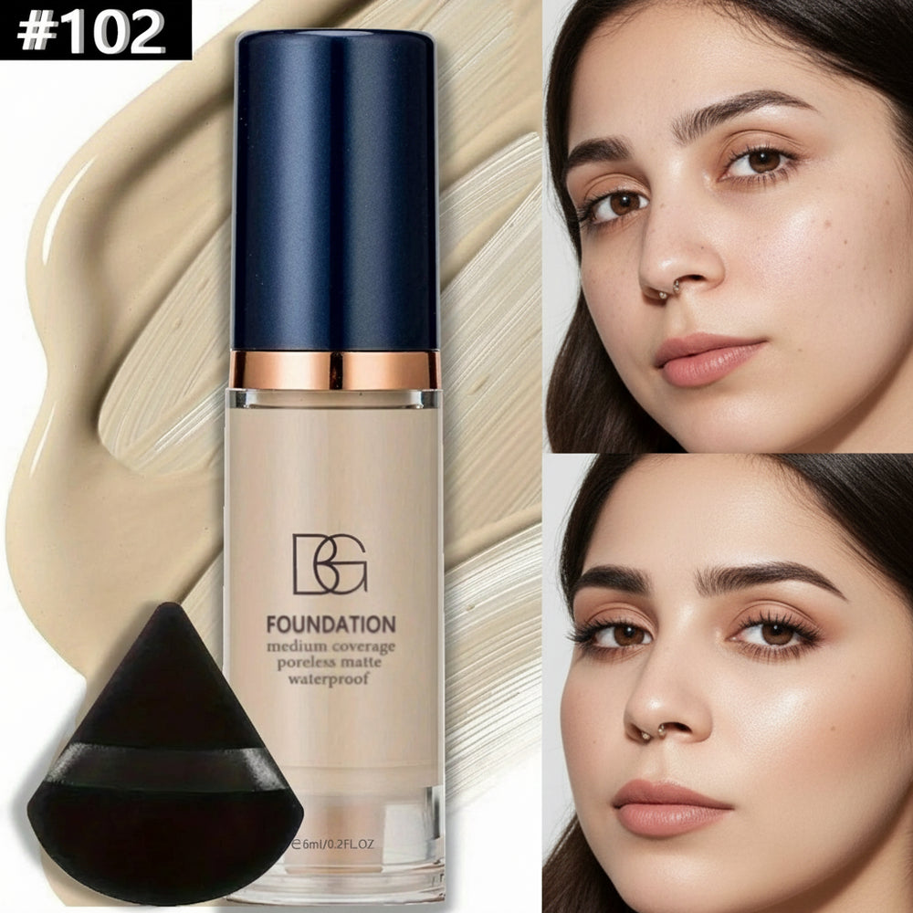 Foundation bottle with a close-up of a woman's face applying the foundation.