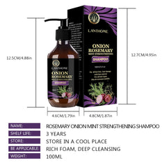 Lanthome Onion Rosemary Shampoo bottle and packaging with dimensions and product details.