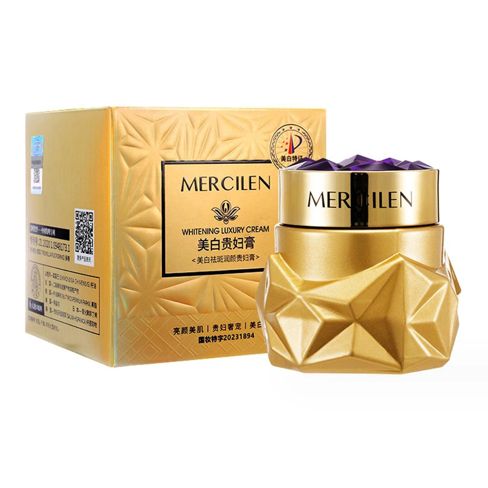 Gold cosmetic jar and packaging with 'MERCILEN' branding on a white background