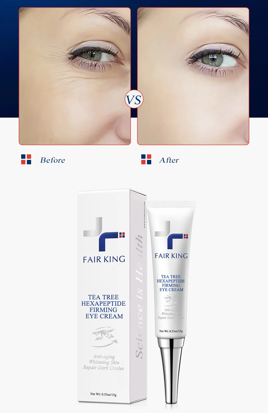Before and after comparison of eye cream with Fair King packaging and product.