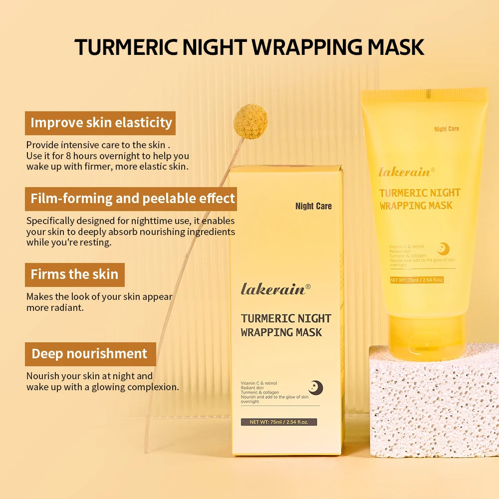 Lakerain Turmeric Night Wrapping Mask packaging with product and text on a beige background