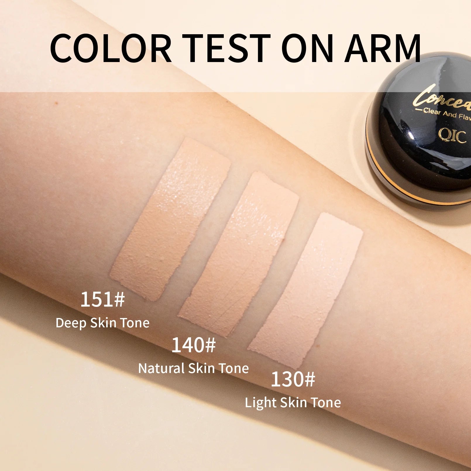 Color swatches on an arm with text indicating different skin tones.