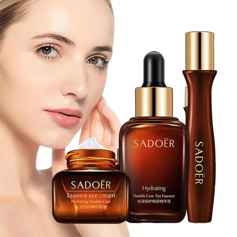 SADOER skincare products including eye cream, serum, and essence with a woman's face in the background.
