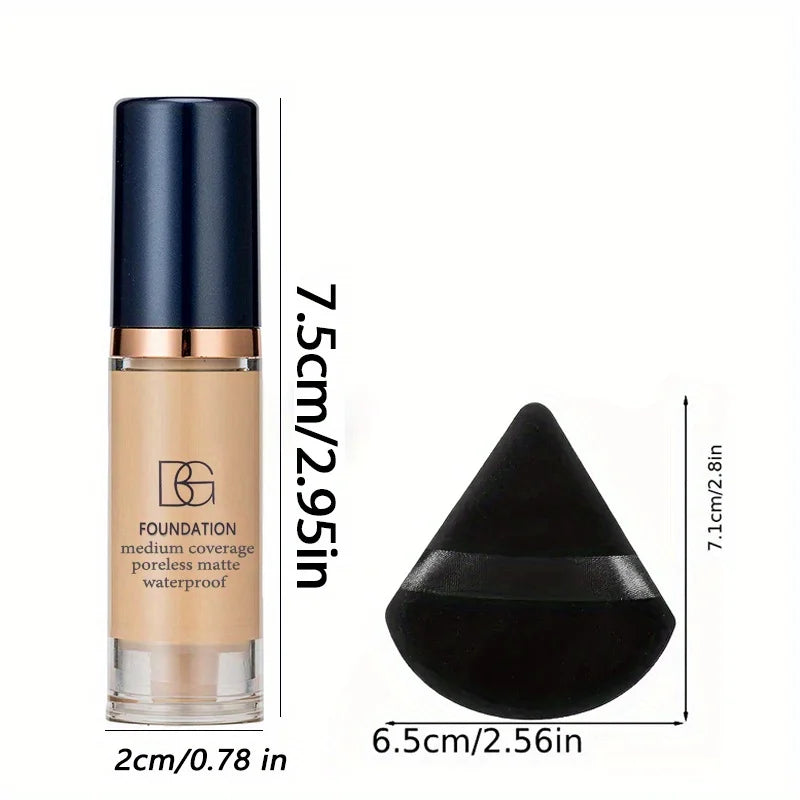 Foundation bottle with black applicator and measurements on a white background