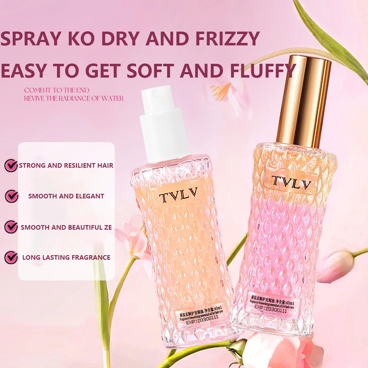 Two bottles of TVLV hair care product with text on a pink background