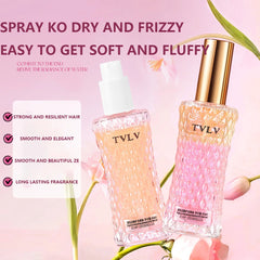 Two bottles of TVLV hair care product with text on a pink background