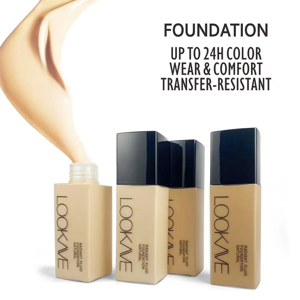 LookAve foundation bottles with text highlighting color wear, comfort, and transfer-resistance on a white background.