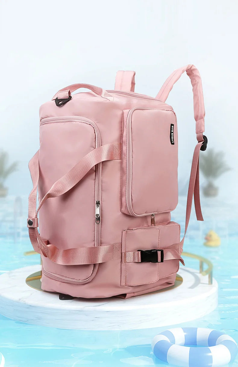 Pink backpack on a light blue background