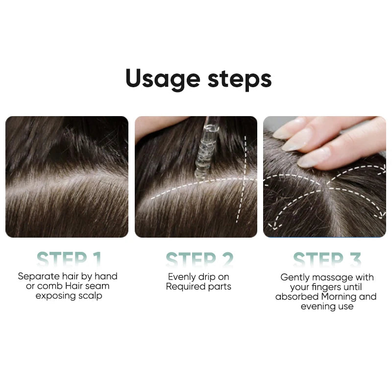 Step-by-step guide on hair care usage with close-up images and text.
