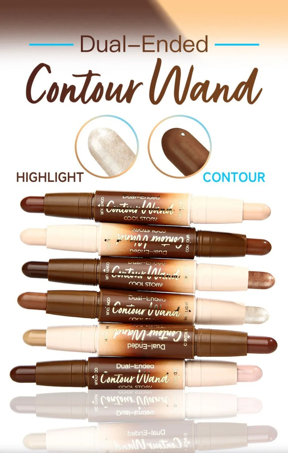 Set of dual-ended contour wands with highlight and contour labels on a white background.